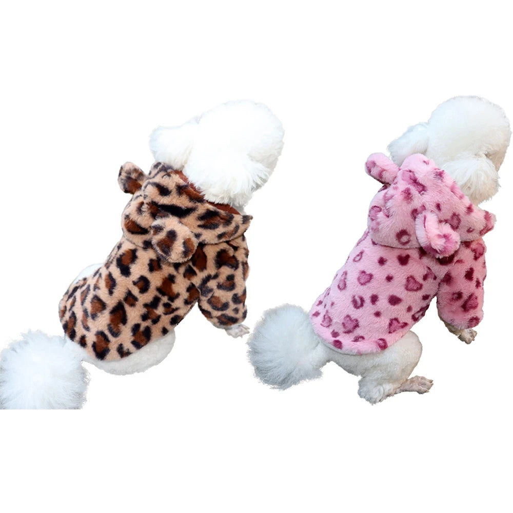 Winter Fleece Dog Hoodie – Warm Leopard Coat for Small Dogs