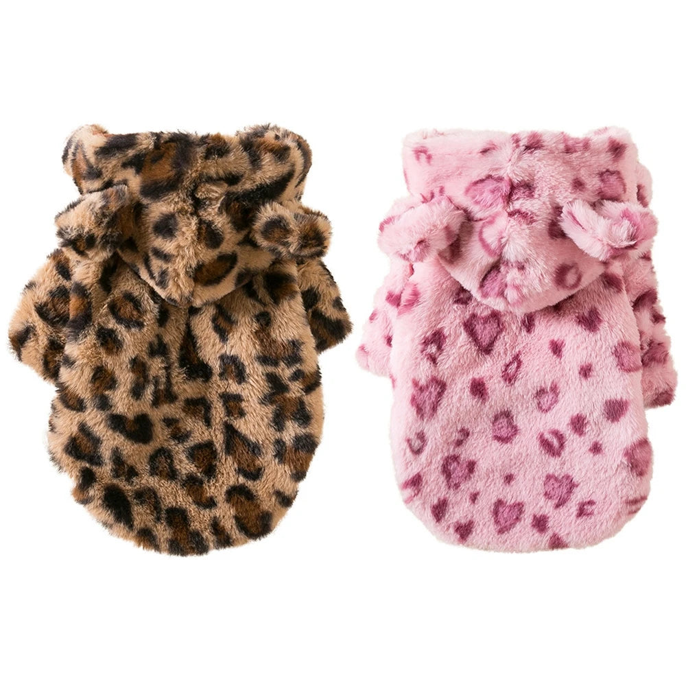 Winter Fleece Dog Hoodie – Warm Leopard Coat for Small Dogs